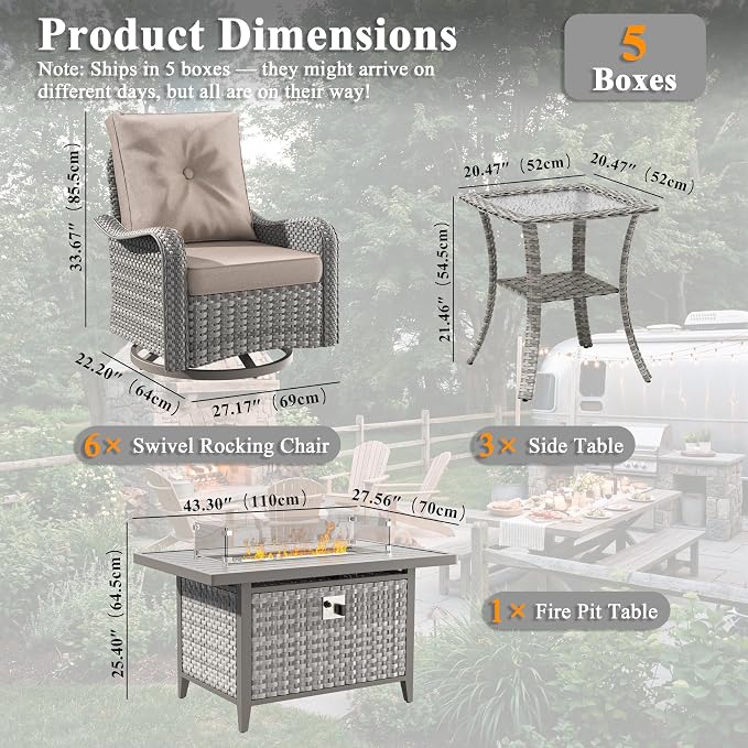 10 Piece Wicker Patio Furniture Set with 55,000 BTU Fire Pit Table, Swivel Rocking Chairs, 4''Cushions, PE Rattan, Wind Guard Glass, for Backyard, Deck or Balcony, Beige