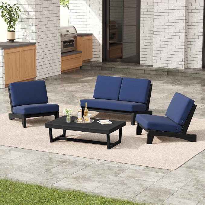 4 Pieces Patio Furniture Sets, All-Weather Outdoor Wood Bistro Set Patio Conversation Coffee Table Chiars and Patio Loveseat for Balcony, Backyard
