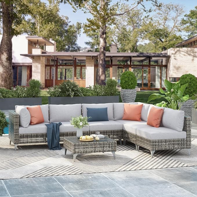 VilroCaz 7-Piece Outdoor Patio Furniture Set, Wicker Sectional Sofa wThick Seat Cushions, All-Weather Conversation Sofa Sets with Coffee Table for Outdoor Couch, Porch, Backyard (Grey-7C)