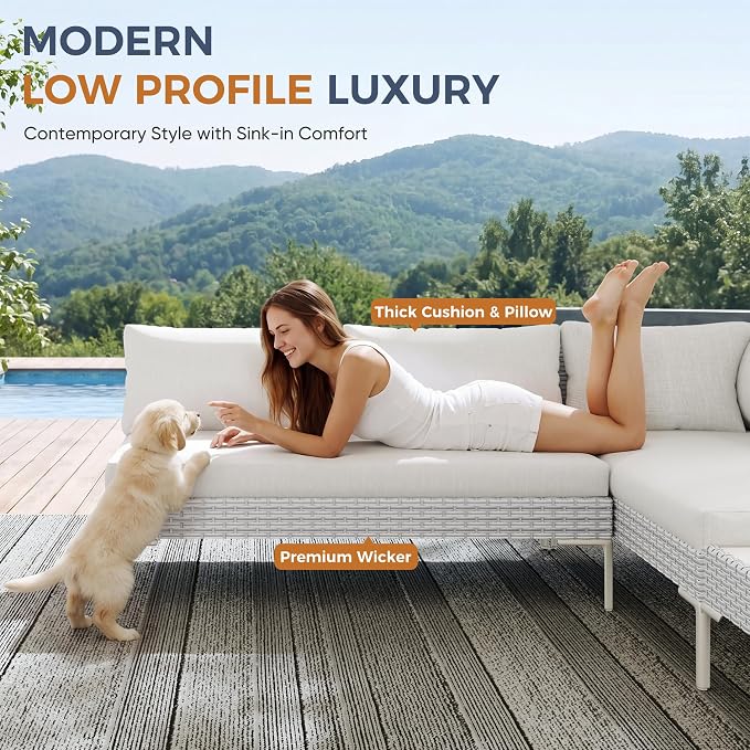Luxury Patio Furniture Set 6 Seater Large Modular L-Shaped Outdoor Sectional with Thick Cushion & Deep Seat Oversized White Wicker Patio Conversation Sets for Backyard, Deck