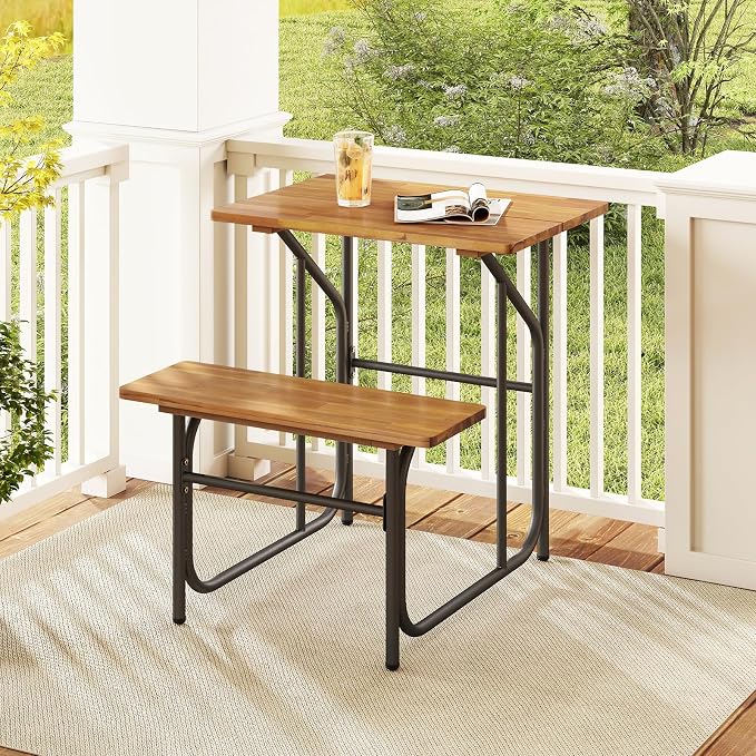 Tangkula Patio Dining Bench Set for 2, Heavy-Duty Outdoor Acacia Wood Dining Furniture with Metal Legs for Balcony, Backyard, Poolside, Garden (2,32” x 27.5” x 29.5”)
