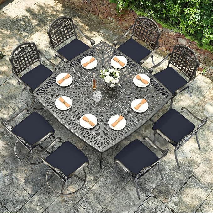 VIVIJASON 9-Piece Outdoor Dining Set, Cast Aluminum Patio Table & Chair Furniture Set for 8, Include 64" Square Dining Table, 4 Swivel Rocker Chairs, 4 Stationary Chairs, Umbrella Hole, Navy Blue