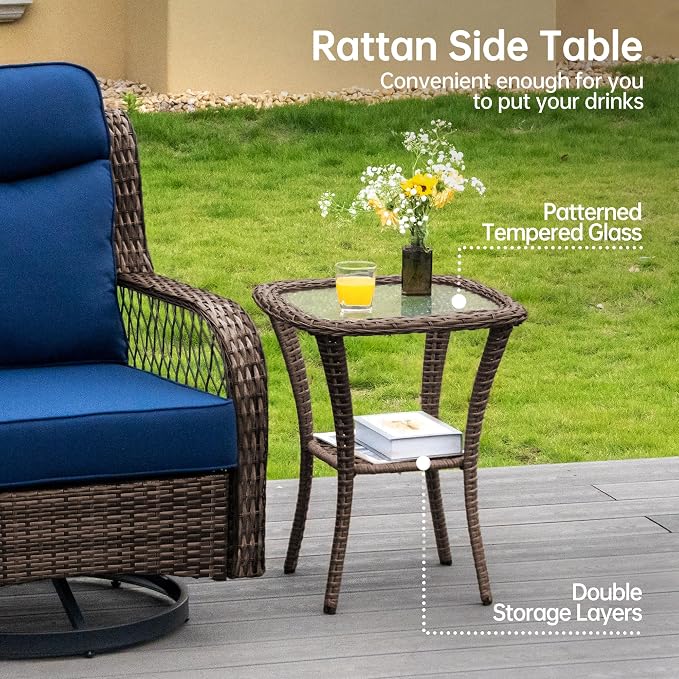 PIZZELLO Outdoor Swivel Chairs 6 Piece Wicker Rocking Chairs Set Patio Furniture Set with Rattan Side Table Rocker Bistro Sets for Outside Porch Backyard (5" Thick Cushions and 25" Full Support Back)