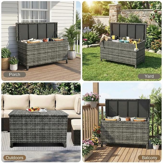 125 Gallon Wicker Deck Box, All-Weather Outdoor Storage Bin with Rattan Finish, Large Capacity for Patio Furniture, Cushions, Pool Supplies & Garden Tools (Gray)
