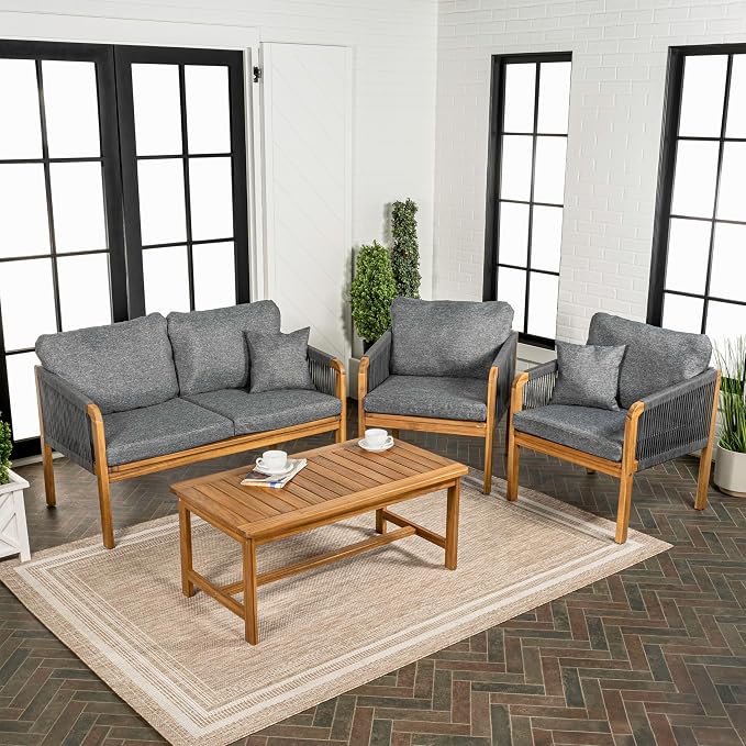 JONATHAN Y Tavira Coastal 4-Piece Teak Brown Acacia Wood Outdoor Patio Set, Woven Rope Conversation Furniture with Coffee Table and Removable Gray Cushions for Backyard, Garden, Porch LVG1202C-4SET