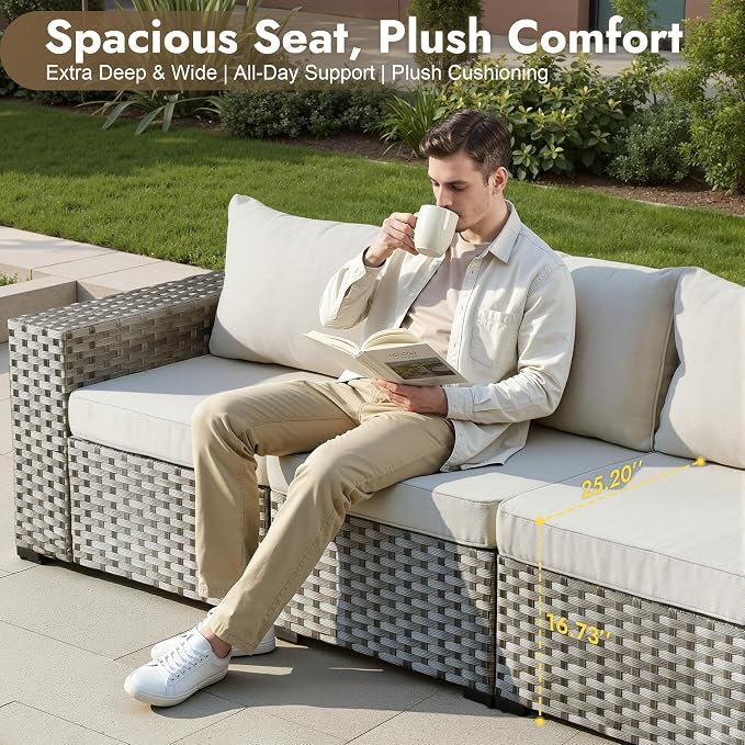 6 Pieces Patio Furniture Set, Wicker Outdoor Sectional Sofa with Coffee Table Comfy Cushions, Modern Modular Deep Seat Rattan Couch Conversation Set for Backyard Porch Yard,Beige