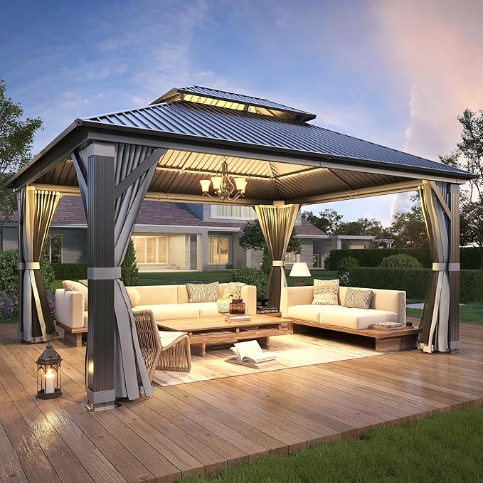 GARTOO 12'x14' Outdoor Hardtop Gazebo with Double Roof - Heavy-Duty Galvanized Steel Top Aluminum Frame Gazebo with Breathable Netting & Privacy Curtain for Patio, Porch, Garden, Lawn, Deck, Backyard