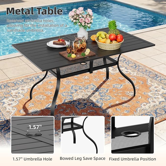 Crownland 7 Piece Furniture Patio Dining Set, 6 Swivel Metal Chairs and Rectangular Outdoor Dining Table with 1.57" Umbrella Hole, Outdoor Furniture Dining Set for Lawn, Backyard, Garden(Blue)