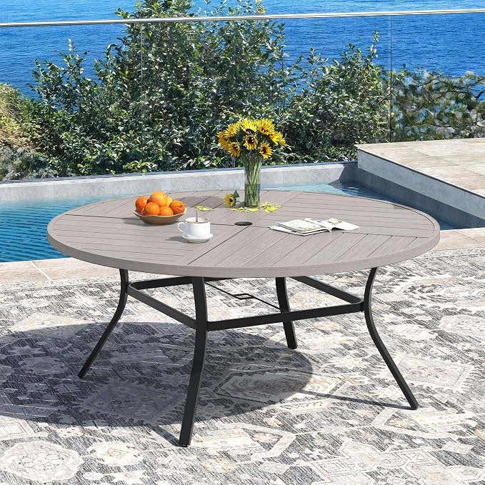 DIFY Patio Table and Chairs Set for 8, 9 Piece Outdoor Dining Set, 59.8" Grey Wood-Like Round Metal Dining Table with Umbrella Hole and 8 Sandshell Textilene Swivel Patio Chairs, for Garden Backyard