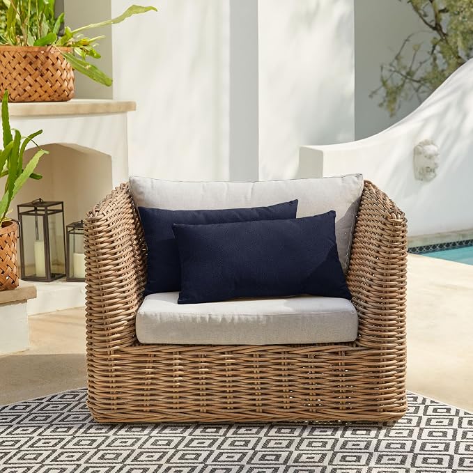 Sorra Home Boucle Outdoor Knife Edge Set of 2 Pillows, 14 in x 24 in, Blue 2 Pound