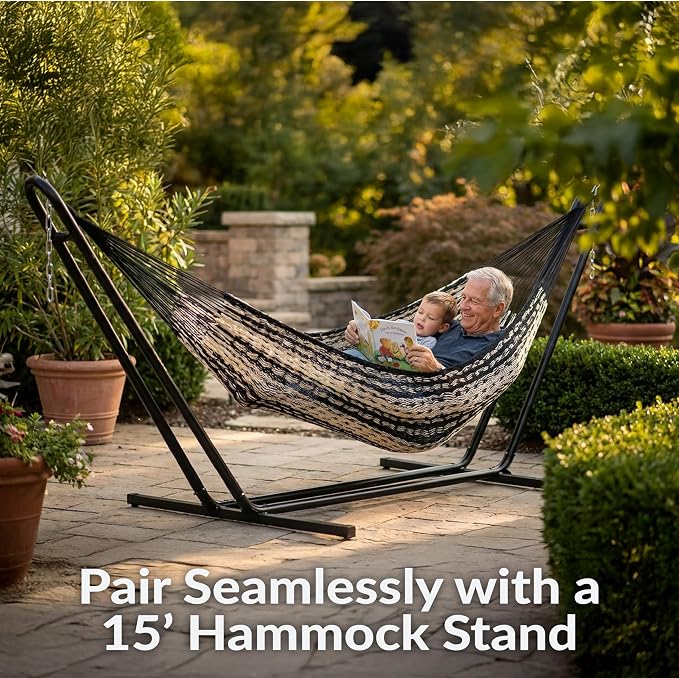 Sunnydaze Handwoven XXL Thick Cord Mayan Double Hammock for Outside - 625-Pound Capacity Heavy-Duty Outdoor Hammock - Black/Natural