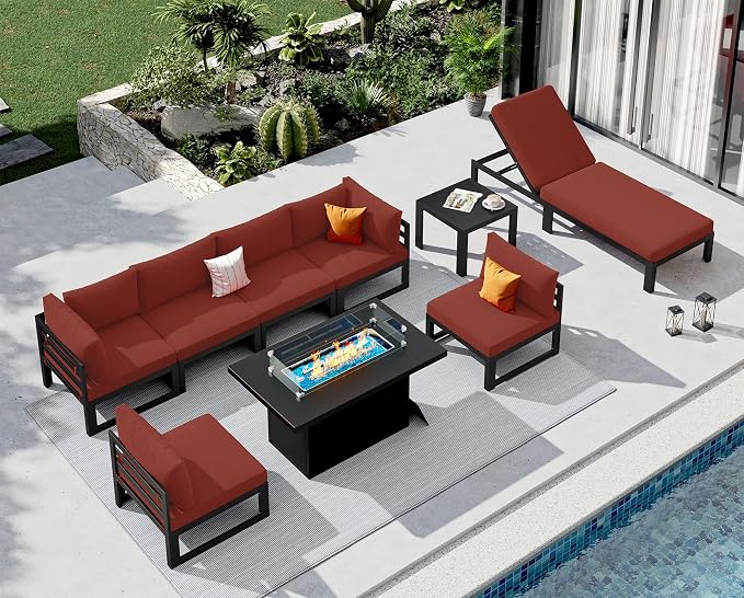 NICESOUL 7 Person Modern Aluminum Outdoor Patio Furniture Set with Chaise & Firepit Table, 29" Wide Deep Seating, Water Resistant Modular Sectional Couch, Large Conversation Set for Poolside Deck, Red