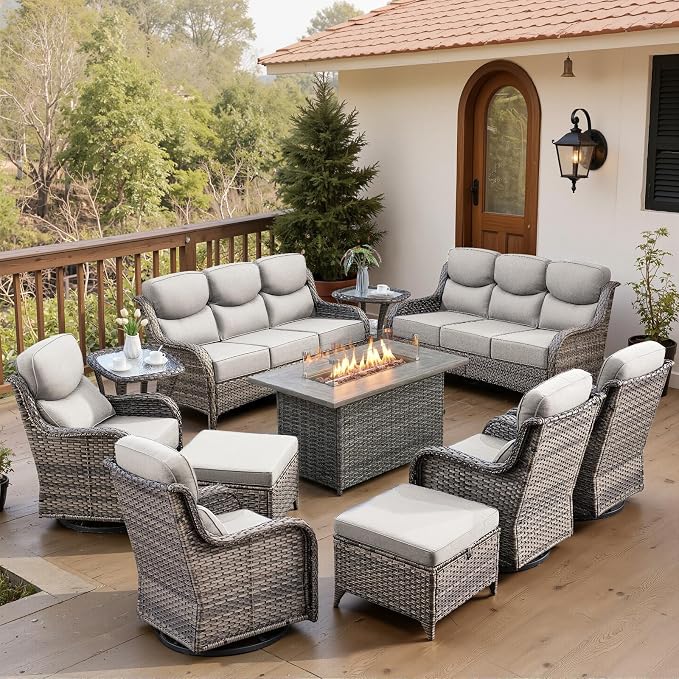 Belord Luxury 6" Thick Cushioned 11 Pieces Patio Furniture Set with Fire Pit Table, Wicker Outdoor Conversation Set with High Back Swivel Rocker Chairs for Deck Porch Yard and Poolside - Grey+Beige