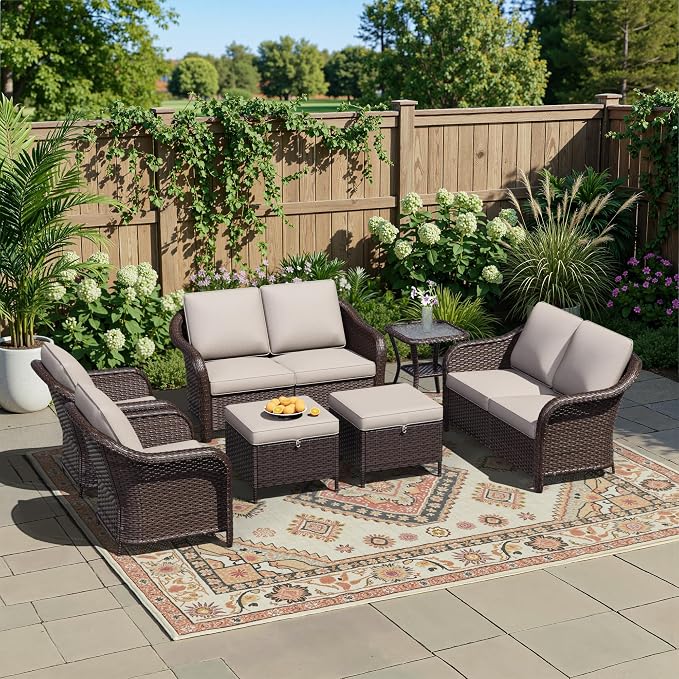 7 Piece Patio Wicker Conversation Set, 2 All-Weather Use Outdoor Wicker Loveseat with 2 PE Rattan Ottomans,2 Chair, 1 Side Table, Ideal for Porch, Backyard, Balcony, Poolside, Beige