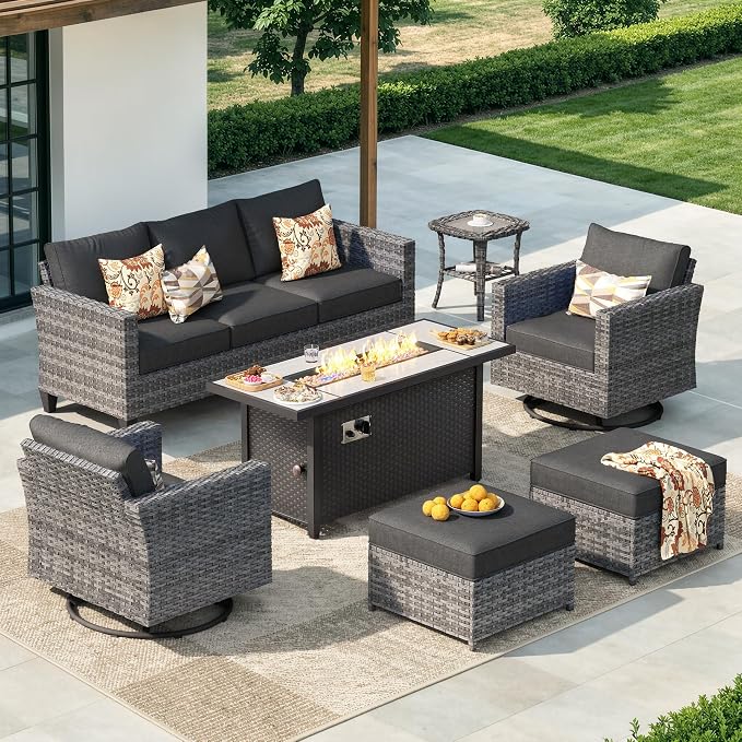 CAODOC 7-Piece Outdoor Wicker Patio Set with 7 Seats, Including 53" Fire Pit - Swivel Rocker Chairs and Conversation Set for Backyard or Lawn, Gray Rattan with Waterproof Black Cushions