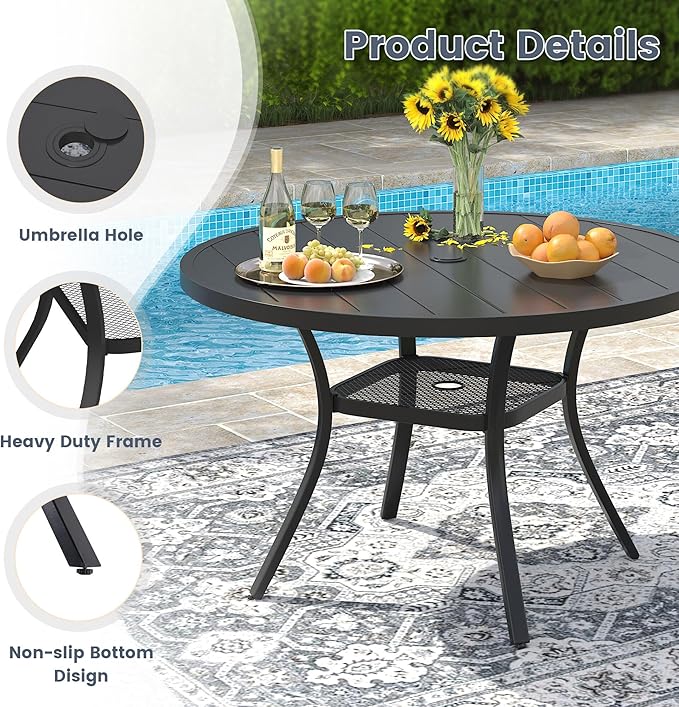VICLLAX 7 Pieces Patio Outdoor Dining Set, 47.2" Round Metal Table with Umbrella Hole and 6 Stackable Textilene Chairs for Patio, Lawn, Garden, Porch, Black/Dark Blue
