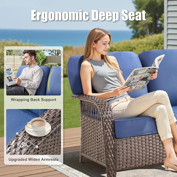 7 Pieces Outdoor Furniture Set Swivel Chairs, All Weather Wicker 3 Seater Sofa with Ottomans Rattan Side Table, Conversation Set Outdoor Seating Furniture for Deck Yard Sunroom, Blue