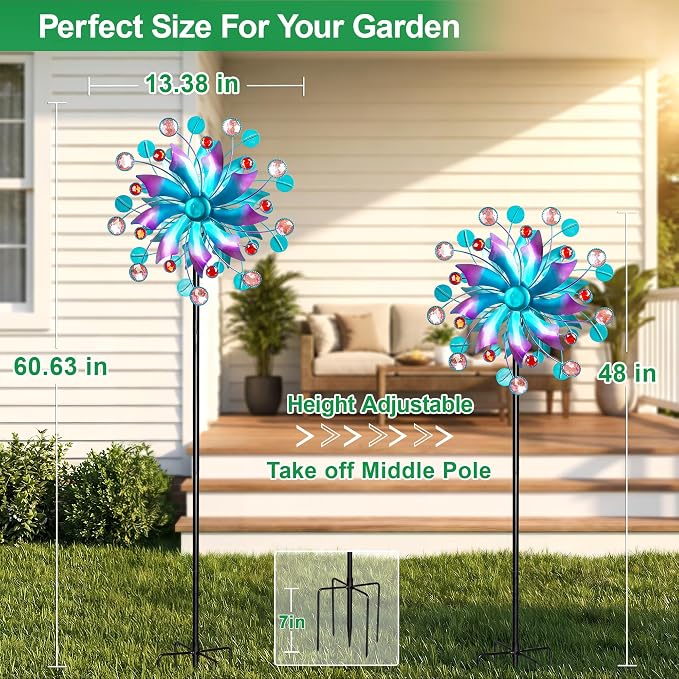 Solar Wind Spinner for Yard and Garden – 61 Inch Outdoor Metal Kinetic Sculpture with Multi-Color LED Glass Ball Light – Waterproof Windmill Stake for Patio, Lawn, and Pathway Decoration (Blue)