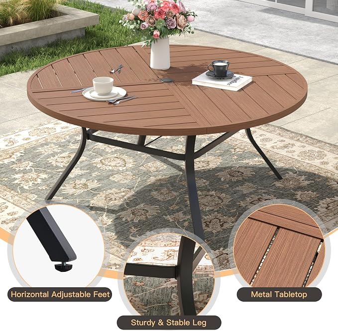 Round Patio Dining Set for 8, Outdoor Furniture Set of 53.1" Round Metal Table with Umbrella Hole and Stackable Wicker Patio Chairs for Backyard Lawn Garden, Walnut Chairs, Walnut Table