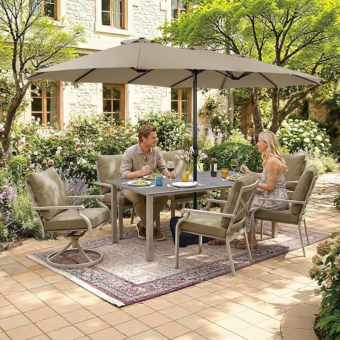 7-Piece Patio Dining Set, Grey Food-Grade Sintered Stone Dining Table with Umbrella Hole, 4 Dining Chairs and 2 Swivel Chairs with Beige Removable Thickened Cushions for Garden Lawn Yard