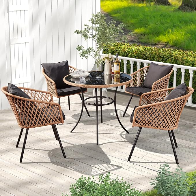 ECOTOUGE 5 Piece Patio Dining Set, Wicker Outdoor Furniture Set w/Glass Round Table, 4 PCS Chairs w/Waterproof Cushions for Backyard Garden Deck, Yellow/Black