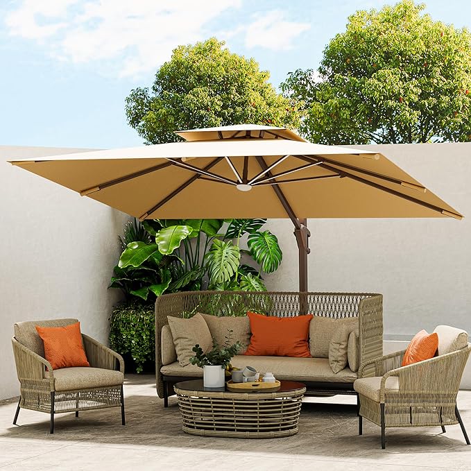 10 X 13 FT Cantilever Outdoor Patio Umbrella with Base Included Large Heavy Duty 360° Rotation Double Top Offset Rectangular Umbrellas with LED Lights for Backyard Outside Deck, Beige