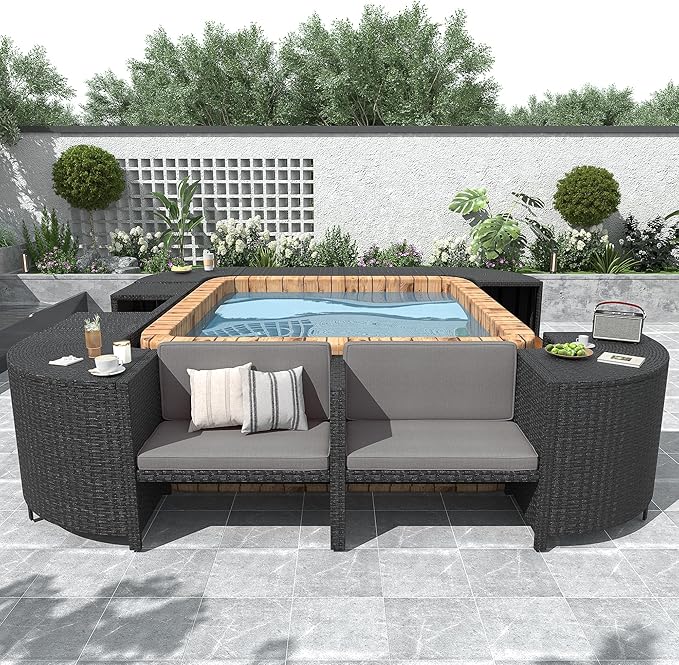 LUMISOL Patio Furniture Set, Spa Surround Outdoor Rattan Sofa Set with Wooden Seats and Storage Spaces, Quadrilateral Patio Sofa Set with Spa Surround Tub Frame for Patio, Backyard, Grey