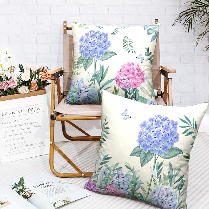 Blue Hydrangea Pillow Covers 18x18 Set of 2 Spring Summer Floral Throw Pillows Cover Flowers and Butterflies Cotton Linen Pillowcase for Couch Sofa Living Room Patio