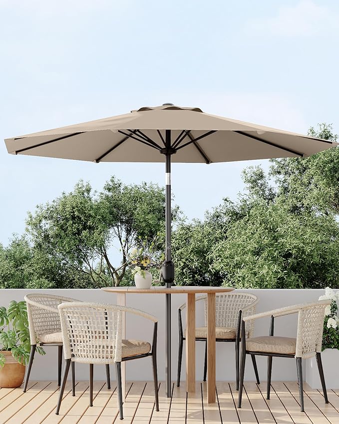 GarveeLife 10FT Outdoor Patio Umbrella, Table Umbrella, Market Umbrella with Push Button Tilt and Crank, 8 Sturdy Ribs UV Protection Waterproof for Garden, Deck, Backyard, Pool, Tan