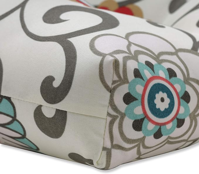 Pillow Perfect Bright Floral Indoor/Outdoor Tufted Wicker Seat Cushion With Ties, 2 Count, 15.5" x 16", Blue/Brown Pom Pom Play