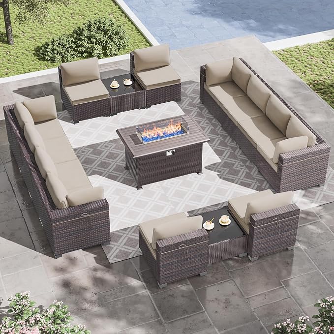 15 Pieces Outdoor Patio Furniture Set,Outdoor Sectional Furniture with 43" 55000 BTU Gas Propane Fire Pit Table,All Weather PE Rattan Wicker Patio Conversation Set,Sand