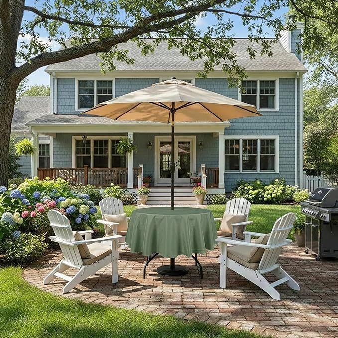 Outdoor Tablecloth Wrinkle-Free Stain Resistant Waterproof Polyester Fabric Table Cover with Zipper Umbrella Hole for Picnic/Party/Dinner/Patio Garden(60inch Round,Zippered,Sage Green)