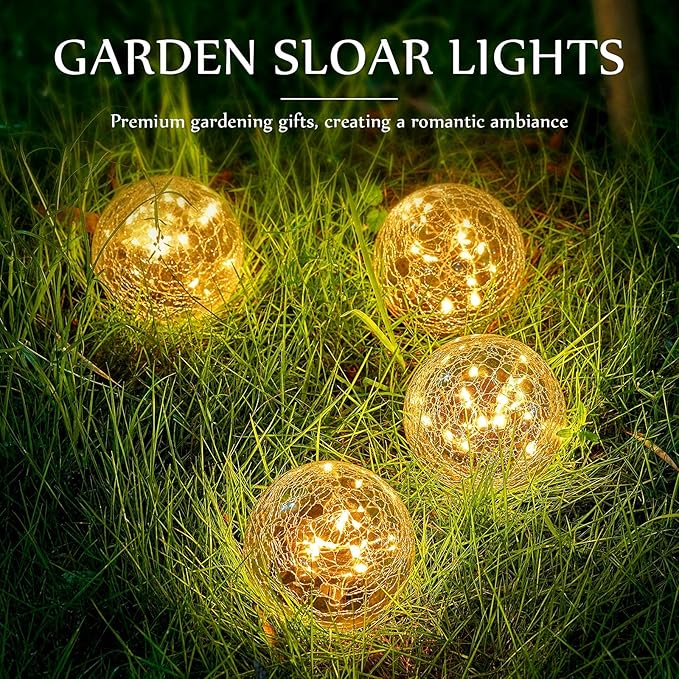 Honoson 3.9 Inch Solar Globe Lights Outdoor - Waterproof Cracked Glass Balls for Lawn Patio Yard Backyard Decorations, Warm White Solar LED Lights with Easy Installation,Durable Design (4 Pcs)