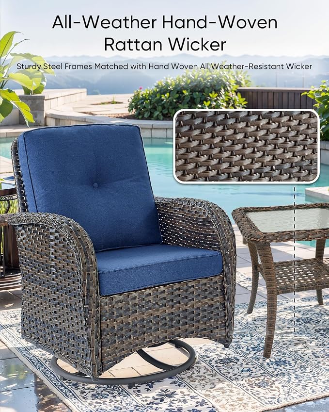 HUMMUH Luxury Patio Furniture Set with High Back Swivel Rocker Chairs & 3 Seater-Couch & Steel Fire Pit Table & Ottomans 7 Pieces Outdoor Conversation Set for Porch,Deck,Backyard