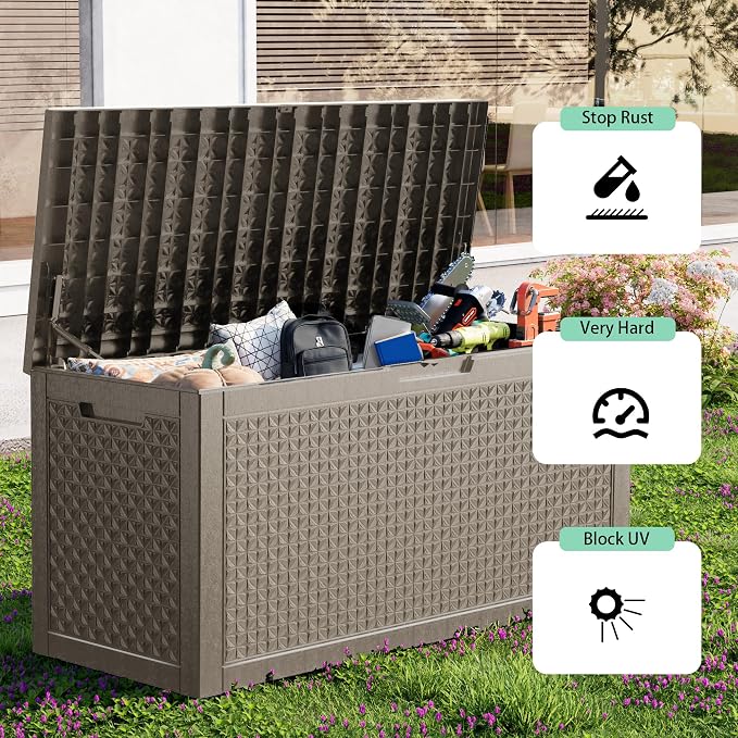 110 Gallon Deck Box Outdoor, Waterproof Outdoor Storage Boxes with Lids, Outside Resin Lockable Storage Box for Patio Cushions, Garden Tools(Grey)