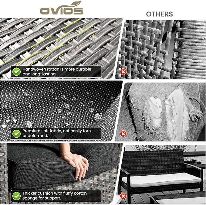 ovios 9 Pieces Patio Furniture Set, Outdoor Wicker Sofa Couch with Swivel Glider Chairs Solar Lights Table, Modern Deep Seat Rattan Conversation Sets for Deck Porch, Black
