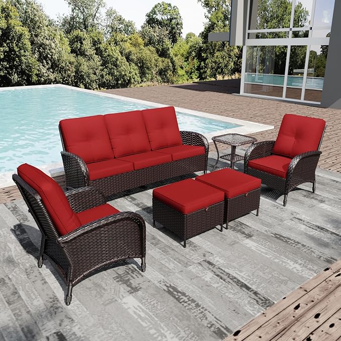 Joyside Wicker Patio Furniture Set, 6 Piece Outdoor Furniture Set with Thickened Cushions, High Back, Deep Seating, Wide Armrest, Rattan Outdoor Chairs for Porch, Deck