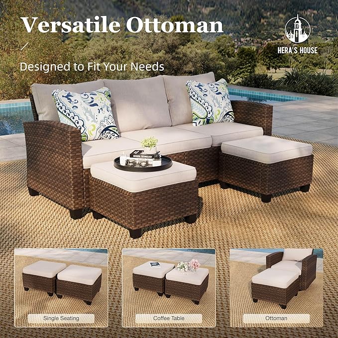 HERA'S HOUSE Swivel Glider Patio Furniture Set with Fire Pit, Outdoor Wicker Conversation Sets, 8 Pieces Deep Seat Rattan Sofa Sets with Cushions for Deck Backyard Lawn, Beige/Brown
