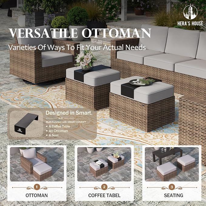 HERA'S HOUSE Swivel Glide Patio Furniture Set with 4.92" Widened Armrest Chairs, Outdoor Conversation Set, 5 Pieces Deep Seating Yellow Rattan Sofa with 5.5" Gray Cushions for Deck Garden Yard