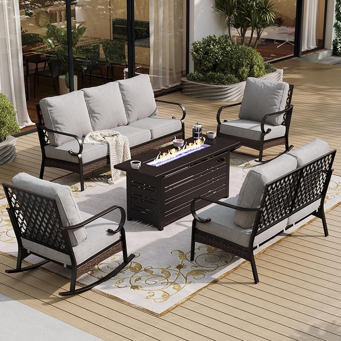 SUNSHINE VALLEY 5 Piece Black Metal Outdoor Patio Furniture Sets with Firepit Table, Patio Conversation Sets 1 3-Seater Sofa, 1 Loveseat, 2 Rocking Sofa with 5.75" Cushion for Backyard, Light Gray