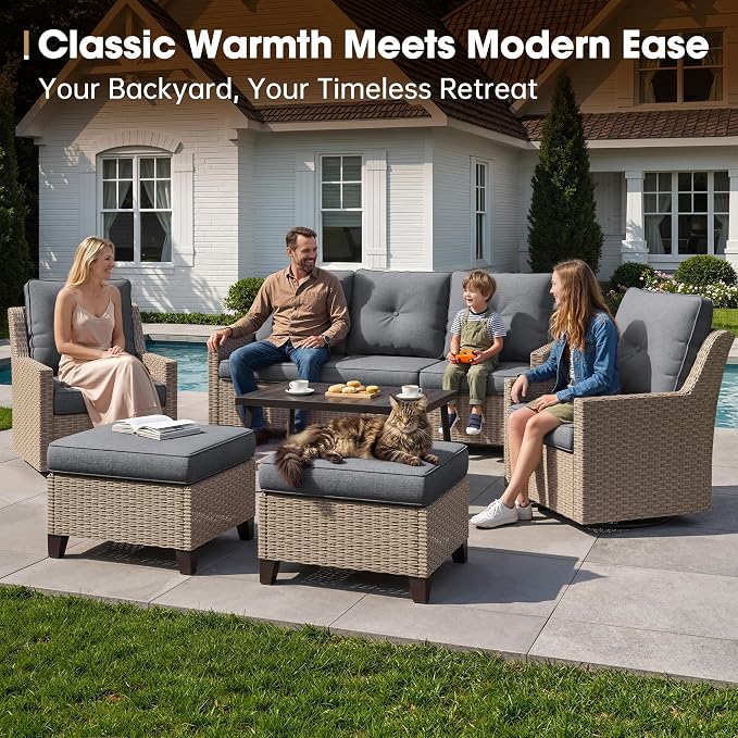 NestNook 6 Piece Patio Furniture Set, Outdoor Furniture Wicker Swivel Chairs Set of 2 with 3-Seater Sofa, 2 Ottomans and Coffee Table Patio Conversation Set for Backyard Balcony & Poolside（Dark Grey）
