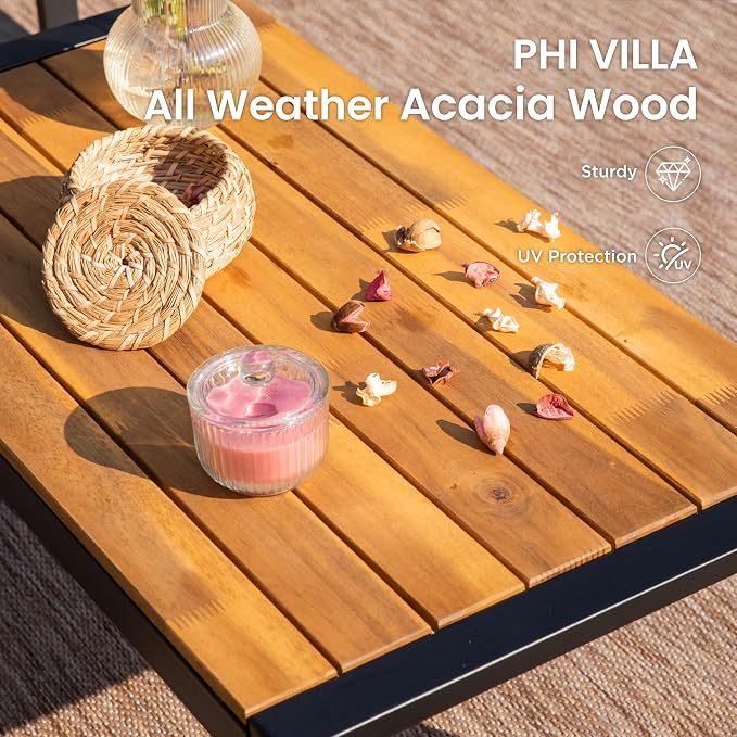 PHI VILLA Wicker Patio Furniture Set for 4, Small Patio Loveseat and Chairs with Acacia Wood Coffee Table, Outdoor Conversation Set with Red Cushion, Front Porch Furniture for Deck, Yard, Garden