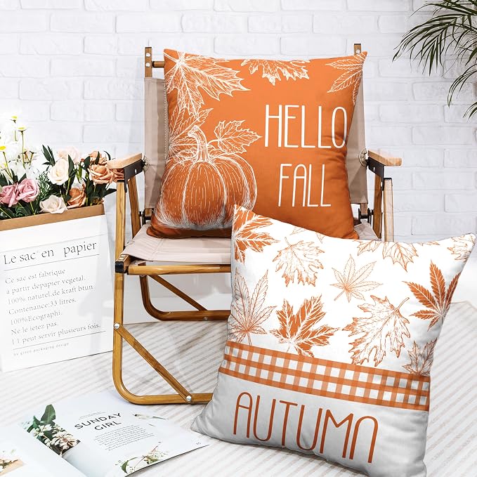 Hello Fall Pillow Covers Burnt Orange Maple Leaves Pumpkin Throw Pillow Covers 22x22 Set of 2 Autumn Pillowcase Double Sided Printing Cushion Case for Home Decor Couch Sofa