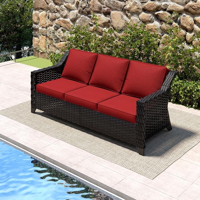 77'' Patio Sofa, All Weather Outdoor Rattan Wicker 3-Seat Sofa High Back Couch with Premium Cushions for Garden Backyard Porch(Brown/Red)