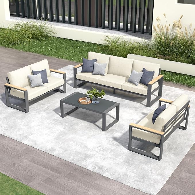 RoyalCraft Aluminum Patio Furniture Set, 7-Seats Metal Outdoor Furniture Set with Coffee Table, Modern Patio Sofa Sets Outdoor Conversation Set for Garden Pool Porch Backyard, Beige