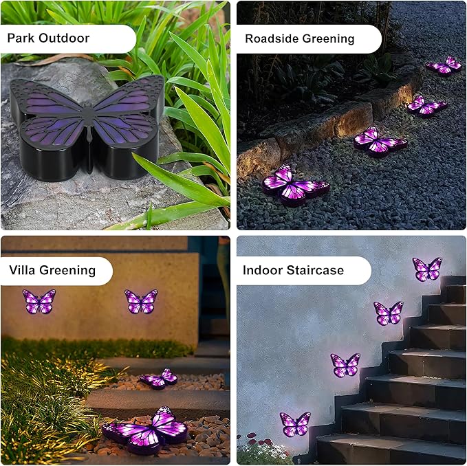 ground lights, equipped with 4 solar lights for outdoor waterproofing, butterfly solar landscape lighting, suitable for gardens, courtyards, terraces, corridors, lanes, and walkways (purple)