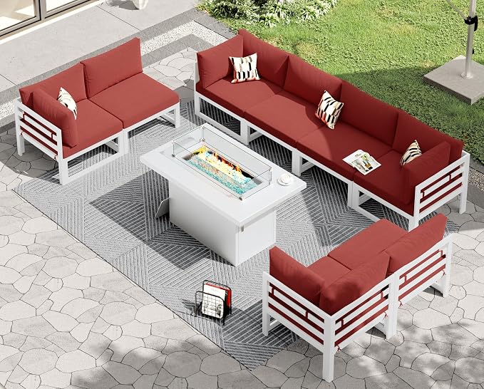 RADIATA 9 Piece High End Aluminum Patio Furniture Set with Fire Pit Table, 500 lbs Heavy Duty Outdoor Sectional Sofa, 29" Deep Wide Oversized Seating L Shaped Conversation Couch for Exterior, Burgundy