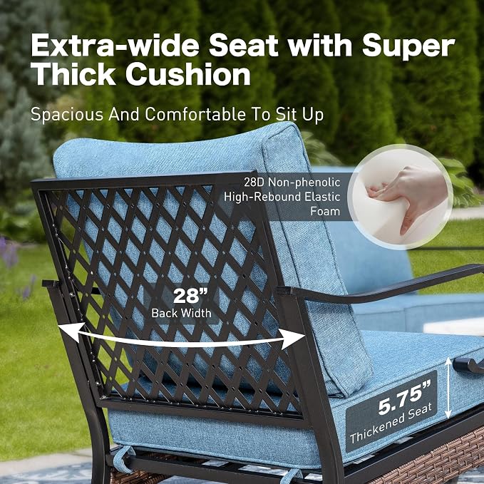 SUNSHINE VALLEY 4 Piece Metal Outdoor Patio Furniture Sets with Firepit Table, Patio Conversation Sets 1 3-Seater Sofa, 2 Rocking Sofa with 5.75" Thick Cushion Backyard Furniture for Deck, Denim Blue