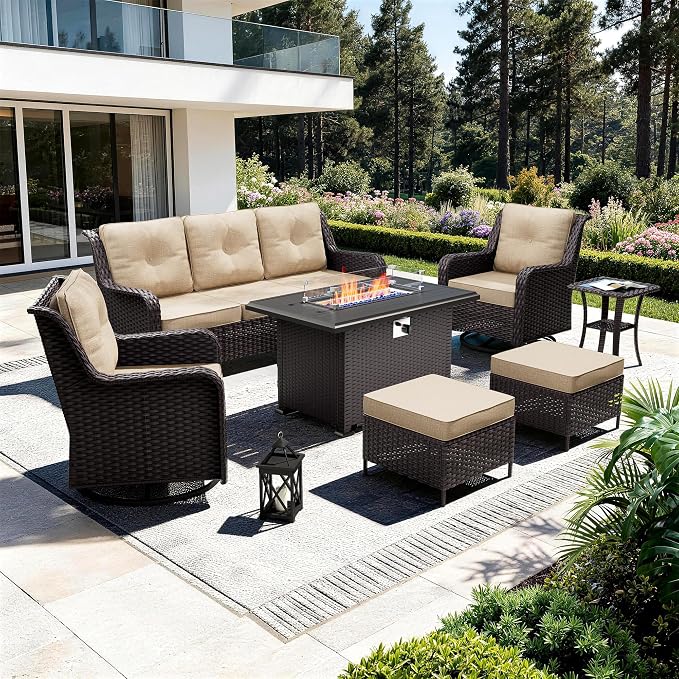 7-Piece Patio Furniture Set,Outdoor Conversation Sets w/Fire Pit Table&High Back Wicker Swivel Rocker Chairs,All-Weather Wicker Sectional Sofa for Deck,Yard and Poolside,Sand