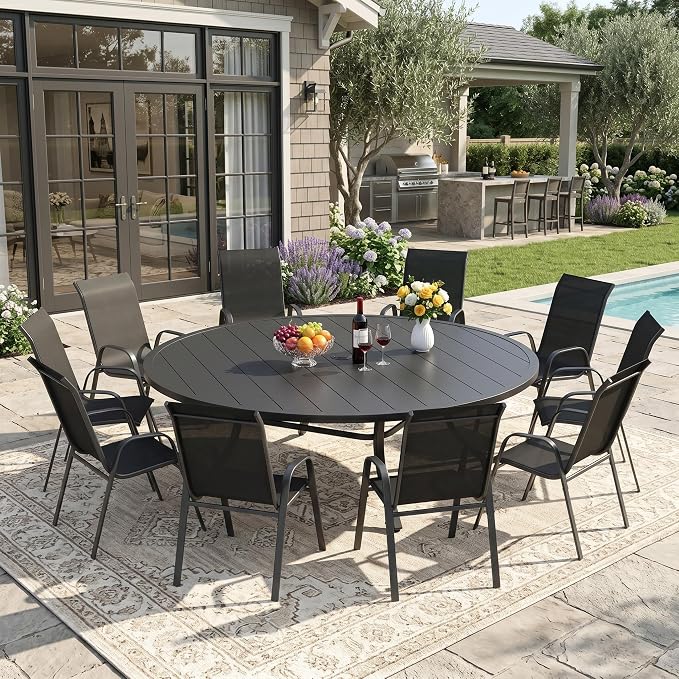 DIFY 11 Piece Outdoor Dining Set, 63" Black Round Metal Patio Table and Dark Grey Textilene Stackable Chairs for 10, All Weather Patio Furniture Set with Umbrella Hole for Backyard Garden Deck